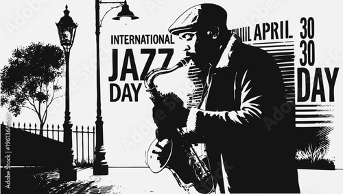 Man playing saxophone on city street.