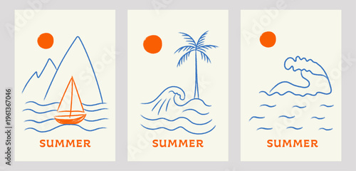 Minimalist summer posters with scribble-style lines: a sailboat by mountains, a palm tree with waves, and a curling ocean wave, each under a bright sun with “SUMMER” text in bold orange.