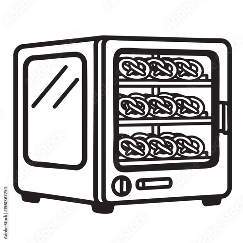 Pretzels are warmed on shelves inside a display oven for a snack.