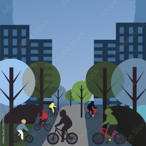 Vector illustration of people cycling on a dedicated bike path in a modern city at dusk, featuring stylized trees, high-rise buildings, and diverse urban residents commuting sustainably in a park.