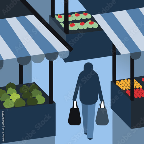 Minimalist flat vector illustration showing a person from behind carrying bags while walking through an outdoor farmers market with several stalls selling fresh produce under striped awnings.