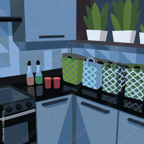 Modern kitchen interior illustration featuring reusable shopping bags filled with groceries on a dark countertop next to plants, bottles of oil, and sleek blue cabinets in a flat design style.