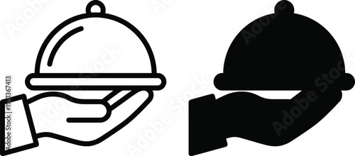 Cloche food cover icons in black and white illustrations