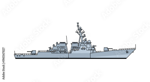 A grey warship with multiple deck structures and gun turrets is shown in profile against a plain white background.