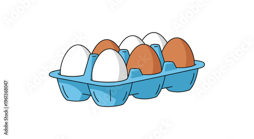 A light blue carton holds three white and three brown eggs on a plain white background.