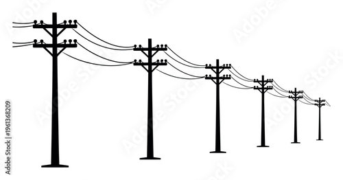 Row of urban utility poles distributing electricity via connecting power lines. Concept of energy grid and communication infrastructure