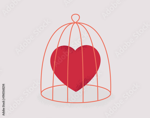 red heart locked in the cage. love addiction and violence, suppression of feeling, emotional restriction, vulnerability or protection. vector illustration