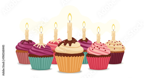 Seven decorated cupcakes with lit candles are arranged on a clean white surface.