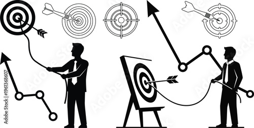 Business target achievement concept with businessman aiming arrow at bullseye, growth strategy success planning analytics silhouette vector illustration set