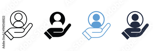 Customer care icon set in multiple styles illustrating user support, client retention, personalized service concept, hand holding heart, headset operator, help desk symbols, communication elements, 