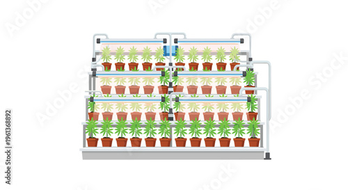 A multi-tiered indoor vertical farm system cultivates numerous cannabis plants in brown pots under grow lights on a white background.