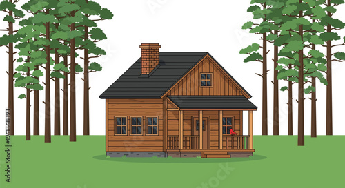 A rustic wooden cabin with a dark roof and chimney is situated among tall green pine trees and green grass.