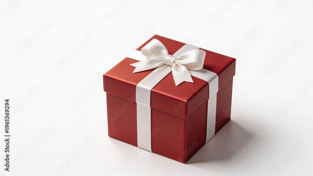 Obraz premium Red gift box with white ribbon on plain background 