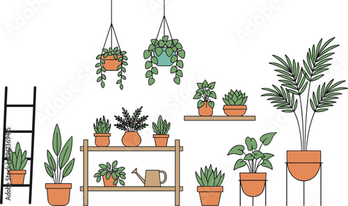 Indoor house plants vector illustration set featuring potted greenery hanging baskets and succulents on wooden shelves for home garden decor and lifestyle design.