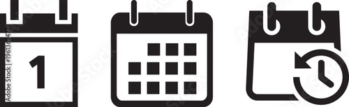 Calendars Icon Collection: A set of calendar icons, perfect for representing schedules, dates, and appointments. These simple, bold symbols are ideal for a variety of digital and print applications.