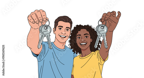 A happy diverse couple smiles while holding up sets of house keys against a white background.