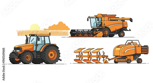 Various orange farm machinery, including a tractor, combine harvester, and baler, are depicted with a field and rising sun.