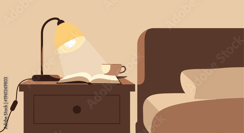 Cozy bedside setting with a lamp, book, and drink. Perfect for interior design, home decor, relaxation, and lifestyle themes.