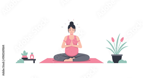 A serene pregnant woman with a bun meditates in a lotus position on a pink yoga mat, flanked by two potted plants on a white background.