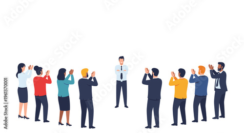 A man with crossed arms stands center, being applauded by a diverse group of ten people in business attire on a white background.