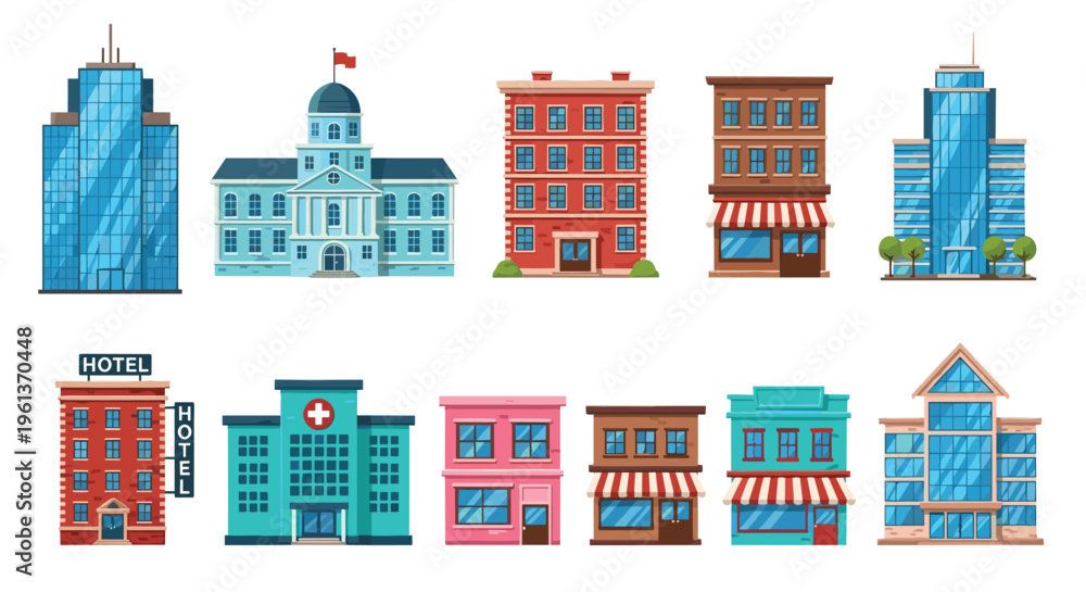 Fototapeta premium Urban city buildings set with hotel hospital shops skyscrapers modern architecture flat cartoon illustration collection