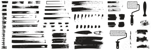 Straight Line Vector Brush Strokes Set with Black Hand Drawn Stripes, Rough Grunge Paint Roller Lines and Sketchy Rectangle Textbox Frames for Design, Backgrounds and Graphic Elements