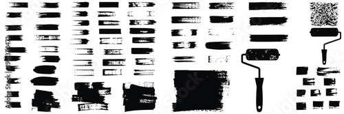 Straight Line Vector Brush Strokes Collection Featuring Black Hand Drawn Stripes, Rough Grunge Paint Smears and Sketchy Rectangle Frames for Textboxes, Backgrounds and Creative Design