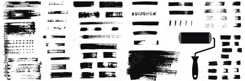 Straight Line Vector Brush Strokes Set with Black Hand Drawn Stripes, Rough Grunge Paint Roller Lines and Sketchy Rectangle Textbox Frames for Design, Backgrounds and Graphic Elements