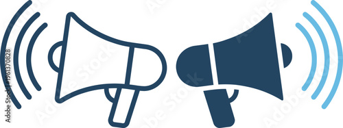 Two megaphones with sound waves on white background for communication and announcement