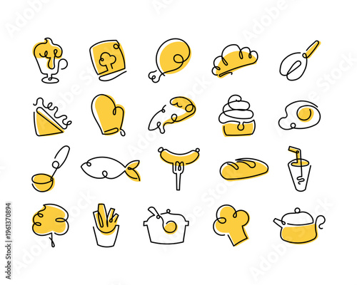 Food line icon set kitchen meal preparation snack bakery beverage cookware restaurant menu cooking ingredients utensils dishes pastry dessert