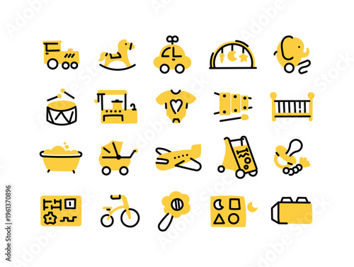 Baby toy icon set featuring train rocking horse car mechanism play mat elephant drum stove airplane xylophone bed bath
