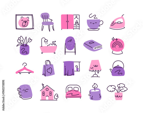 Home cozy icon set featuring furniture interior objects chair wardrobe mirror bathtub lamp bed house candle plant decor elements