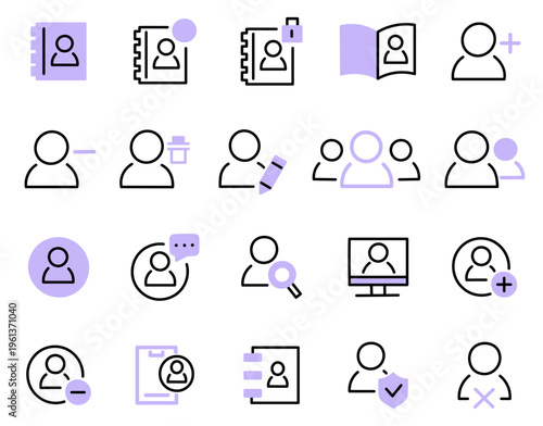 Contact communication icon set user profile management system account directory interface security verification access control registration editing deletion search notification