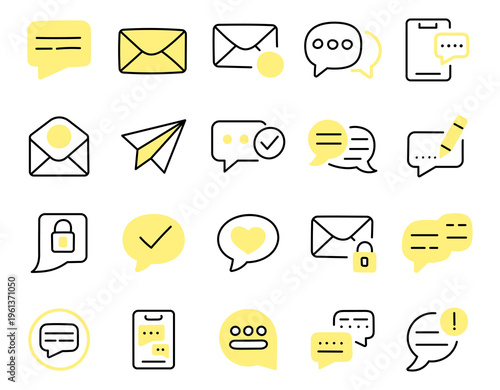 Message chat icon set presenting communication notification dialogue conversation tools including speech bubble envelope smartphone mail alerts security privacy