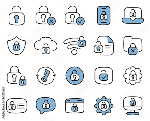 Blocking access icon set featuring security lock protection authorization control privacy symbols for system interface management authentication verification network devices