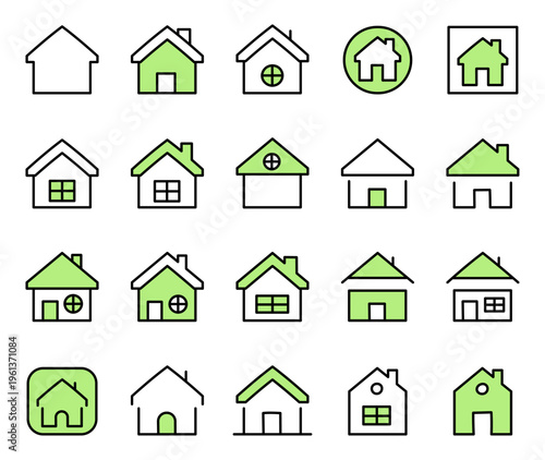 Home page icon set featuring house property building interface navigation and real estate symbols designed for website and application systems