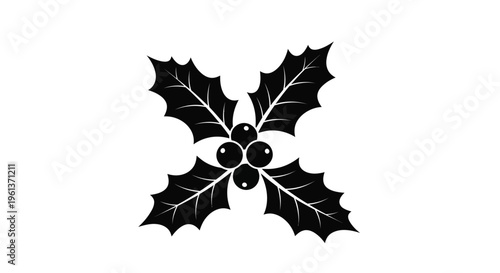 Simple black silhouette of a holly branch with berries and leaves