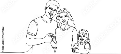 Happy family in continuous line art drawing style. United family portrait of parents and their little girl kid black linear sketch isolated on white background. Vector illustration 