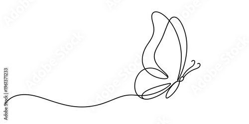 A graceful and delicate butterfly captured in a single continuous flowing line that elegantly traces the beautiful contours of its wings and body as it seems to gently glide through the air in a seren