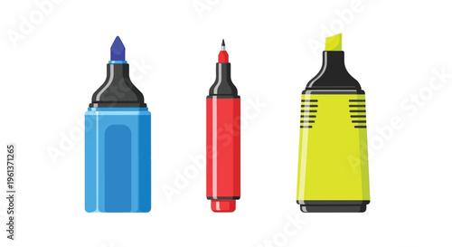 Colorful markers a blue red and yellow illustration on white background