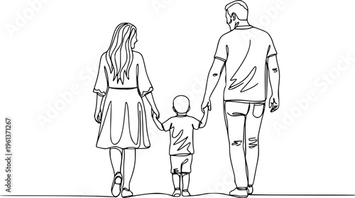 Happy family in continuous line art drawing style. Back view of parents with one child holding hands and walking together black linear sketch isolated on white background. Vector illustration