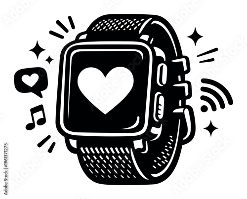 Smartwatch showing a heart icon, symbolizing health tracking, fitness monitoring, and modern wearable technology through a digital screen