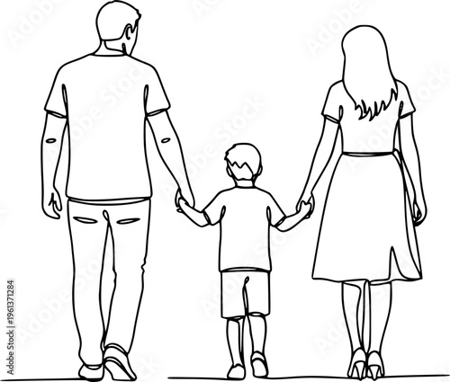 Happy family in continuous line art drawing style. Back view of parents with one child holding hands and walking together black linear sketch isolated on white background. Vector illustration