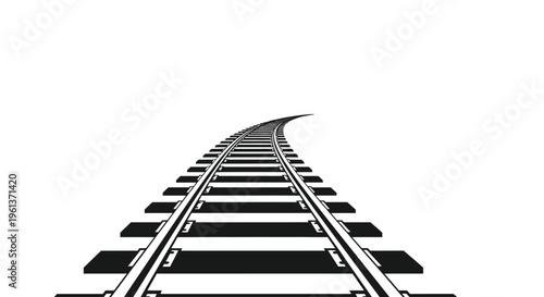 A curving railway track extends into the distance on a white background