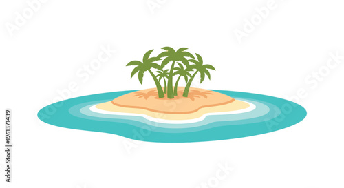 A small sandy island with three palm trees surrounded by turquoise water
