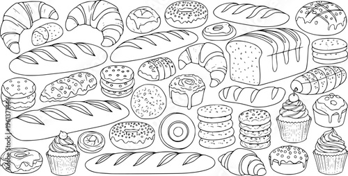 Bakery products in continuous line art drawing style. Black line sketch on white background. Vector illustration
