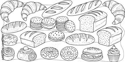 Bakery products in continuous line art drawing style. Black line sketch on white background. Vector illustration
