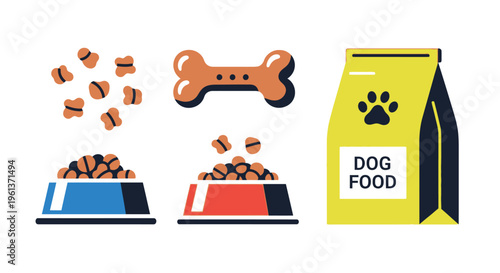 Illustrative depiction of dog food bowls and treats in flat design