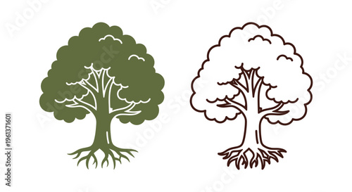 Two stylized trees one green and one white with detailed root systems