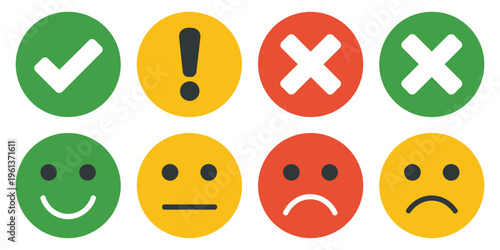 Colorful round icon set including green check marks, red crosses, yellow alert symbols, and feedback emoticons, flat button collection, user interface elements, approval and warning signs, expressive 